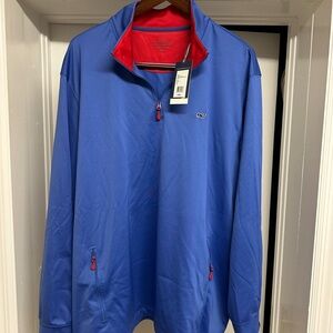 NWT Vineyard Vines Men's Blue and Red performance Jersey 1/4 zip in marlin blue